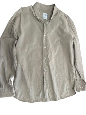 Zara Men’s Long-Sleeve Button-Up Shirt Olive Green Relaxed Fit XXL